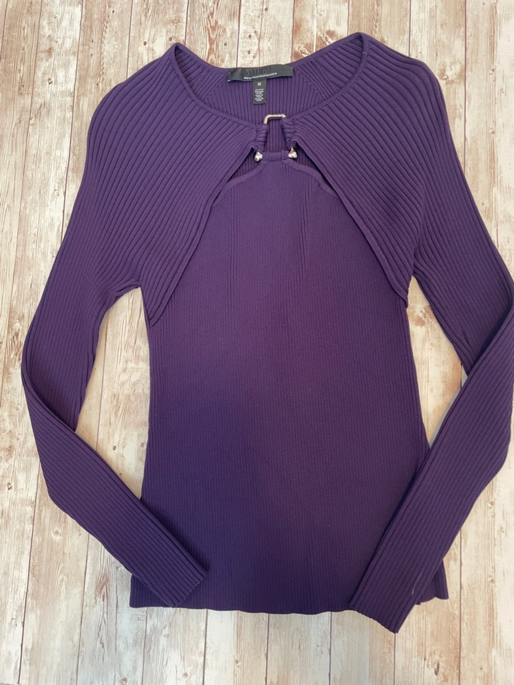 White House Black Market Purple Ribbed Long-Sleeve Top with Front Keyhole